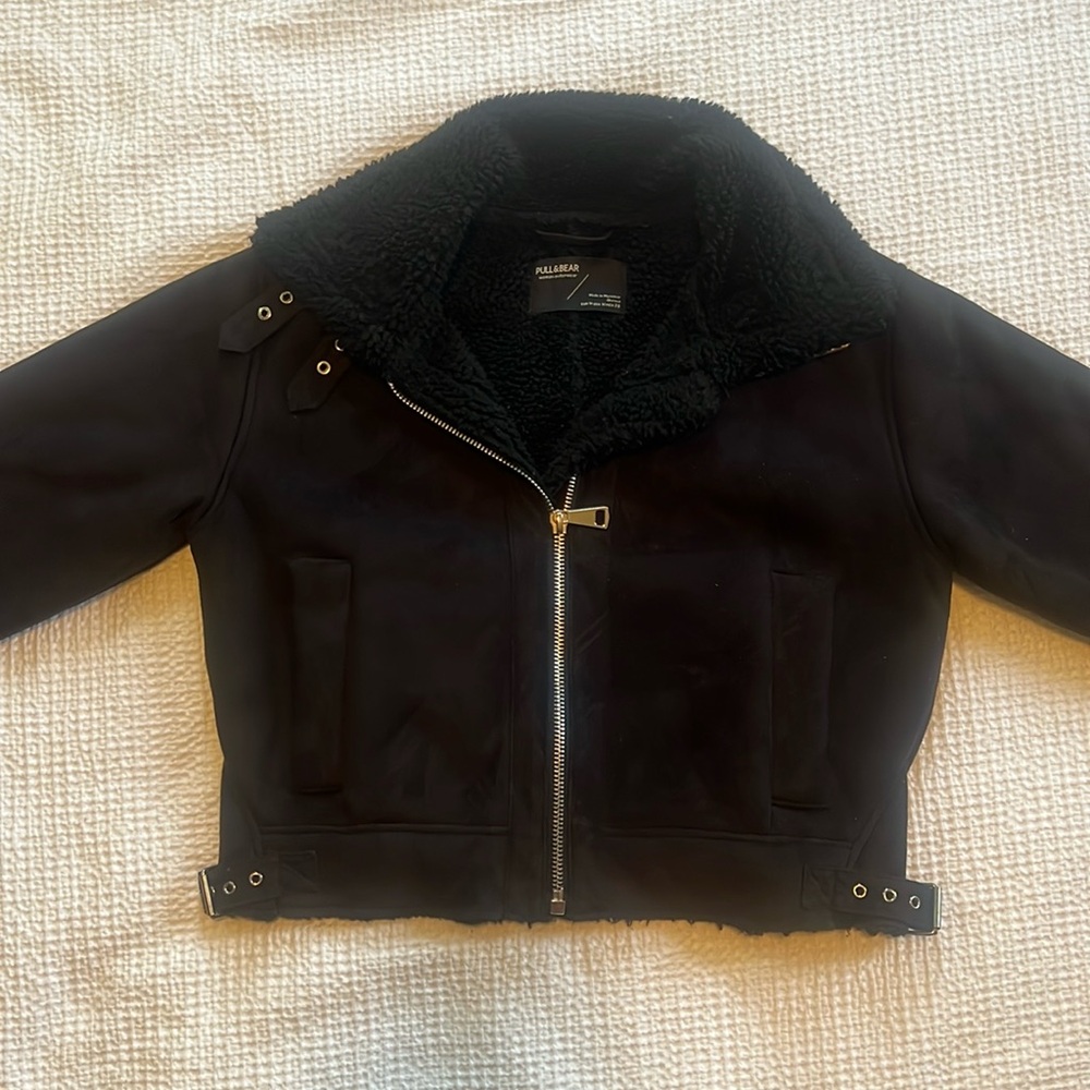 Pull & Bear Suede Moto Jacket with Sherpa Lining